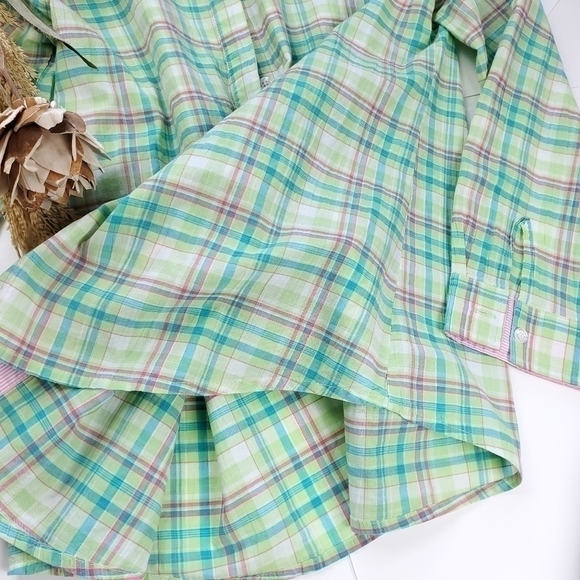 Madison Hill Green Pink Plaid Casual Button Down Shirt Sz Medium Petite - Picture 7 of 12